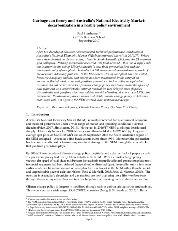 (PDF) Garbage can theory and Australia's National Electricity Market