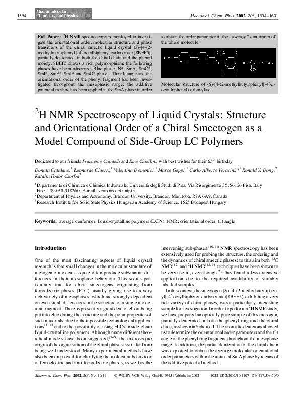 (PDF) 2H NMR spectroscopy of liquid crystals: Structure and ...