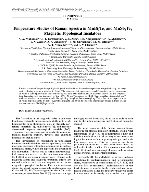 (PDF) Temperature Studies of Raman Spectra in MnBi 2 Te 4 and MnSb 2 Te ...