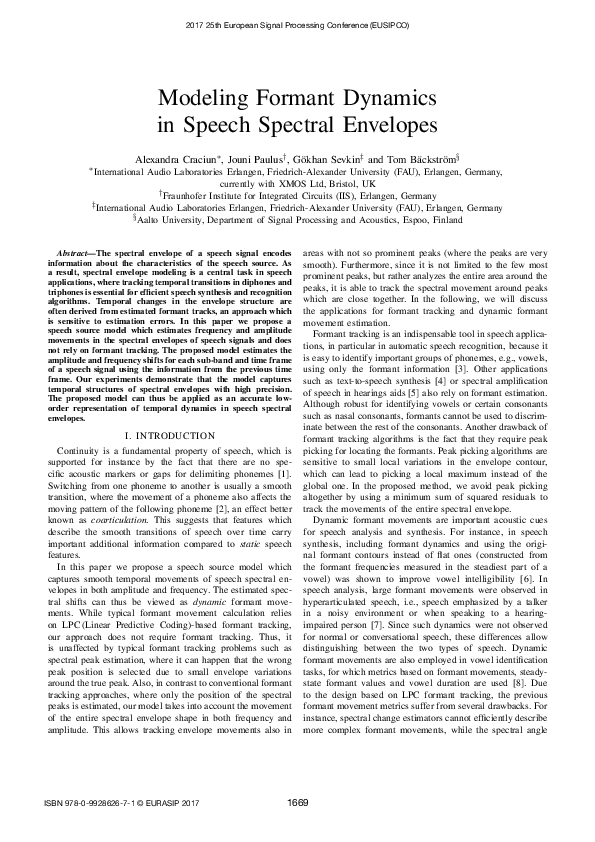 (PDF) Modeling Formant Dynamics in Speech Spectral Envelopes