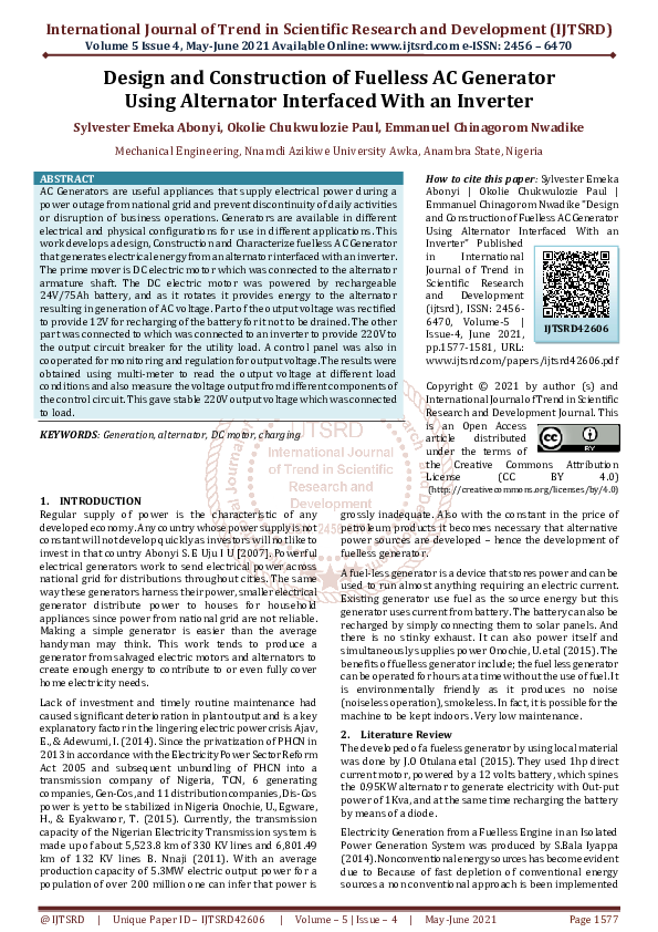 (PDF) Design and Construction of Fuelless AC Generator Using Alternator ...
