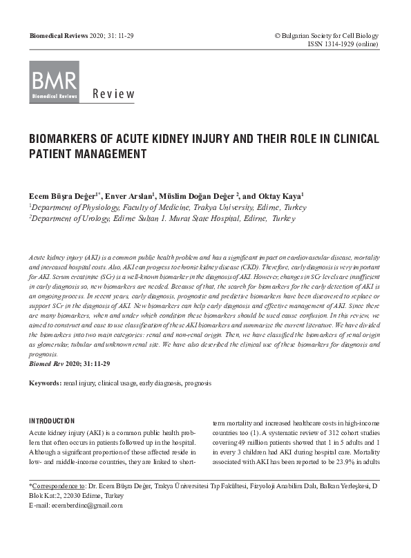 (PDF) Biomarkers of acute kidney injury and their role in clinical ...