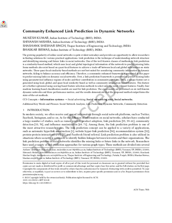 (PDF) Community Enhanced Link Prediction in Dynamic Networks