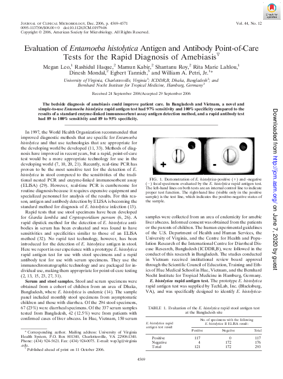 (PDF) Evaluation of Entamoeba histolytica Antigen and Antibody Point-of ...