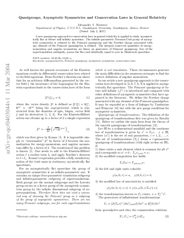 (PDF) Quasigroups, asymptotic symmetries, and conservation laws in ...