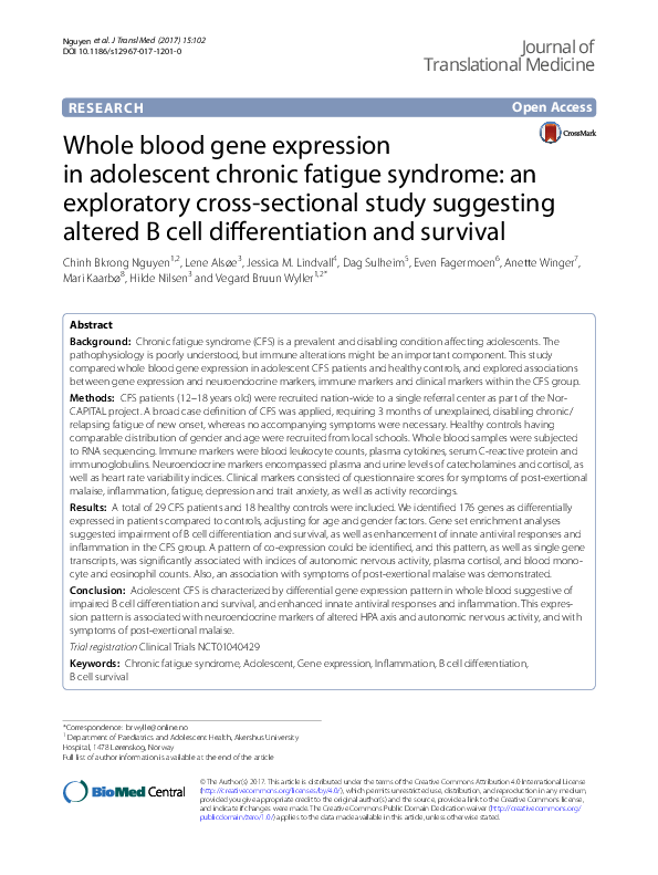(PDF) Whole blood gene expression in adolescent chronic fatigue ...
