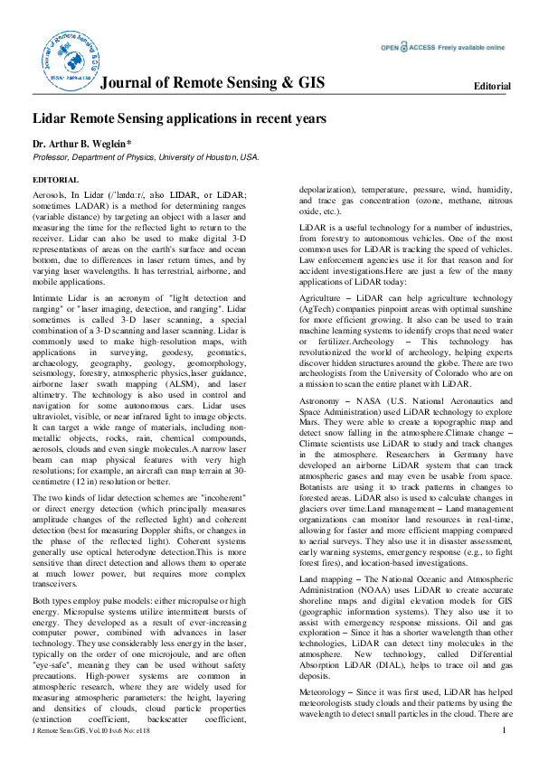 (PDF) Lidar Remote Sensing applications in recent years