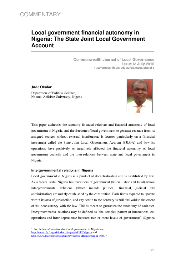 (PDF) Local government financial autonomy in Nigeria: The State Joint ...