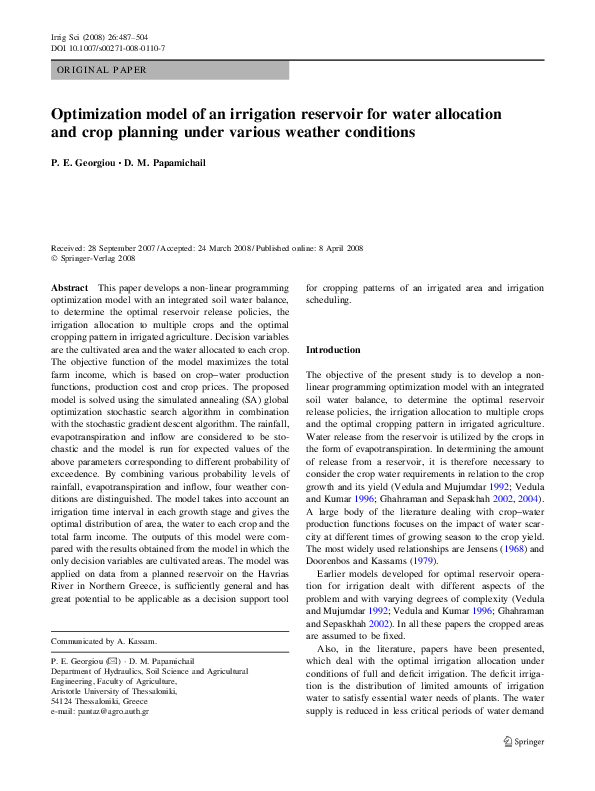 (PDF) Optimization model of an irrigation reservoir for water ...