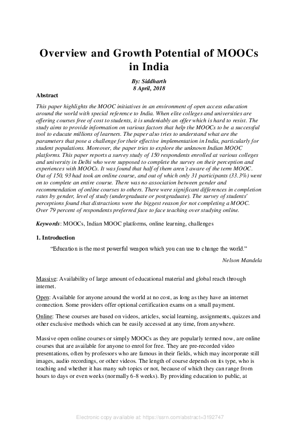 (PDF) Overview and Growth Potential of MOOCS in India