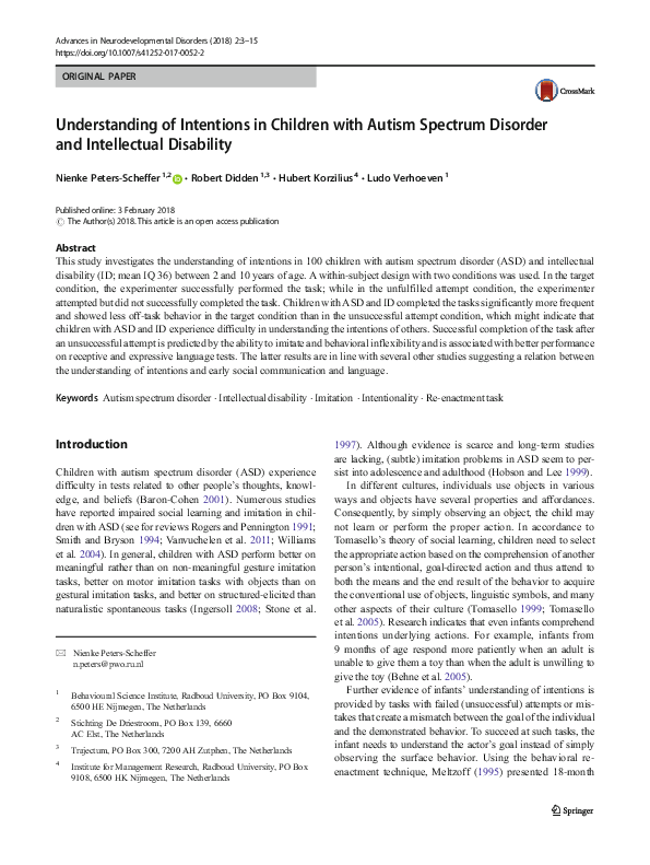 (PDF) Understanding of Intentions in Children with Autism Spectrum ...