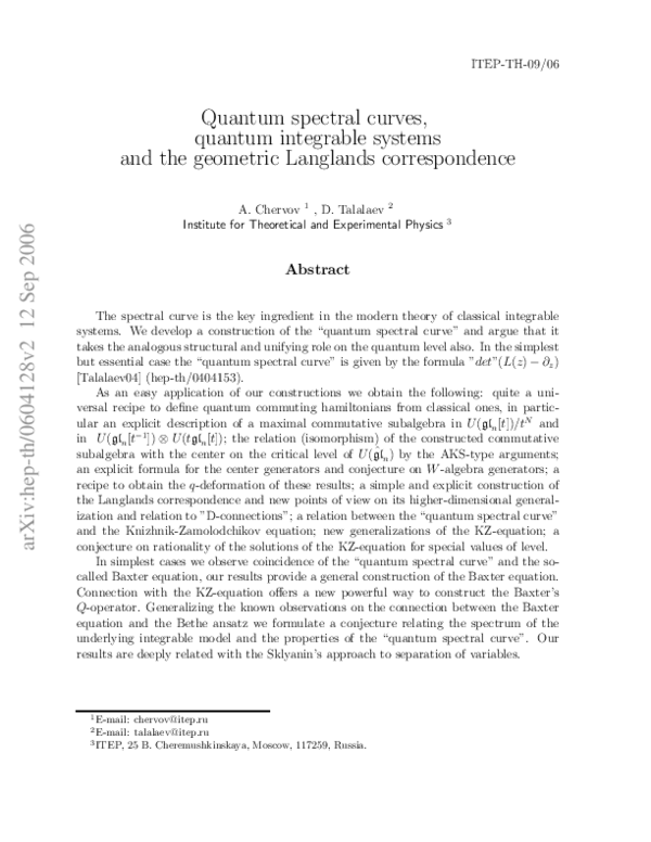 (PDF) Quantum spectral curves, quantum integrable systems and the ...