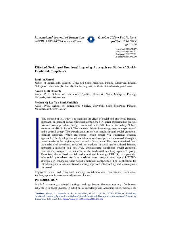 (PDF) Effect of Social and Emotional Learning Approach on Students ...