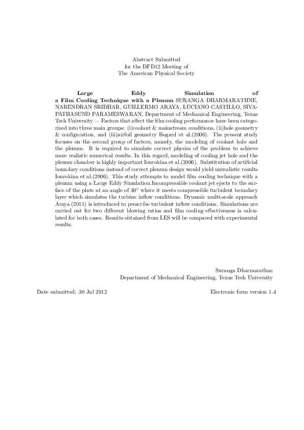 (PDF) Large Eddy Simulation of a Film Cooling Technique with a Plenum