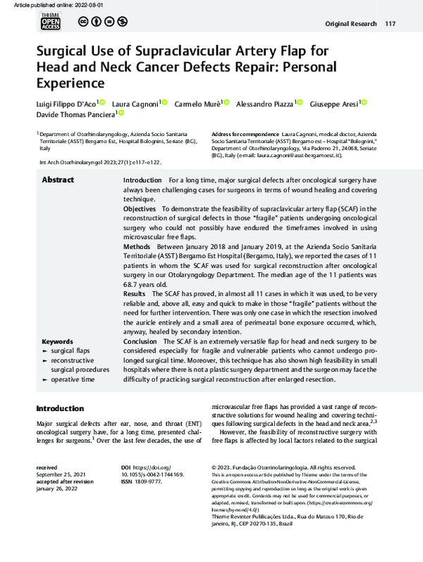 (PDF) Surgical Use of Supraclavicular Artery Flap for Head and Neck ...