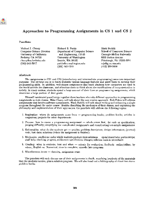 (PDF) Approaches to programming assignments in CS 1 and CS 2