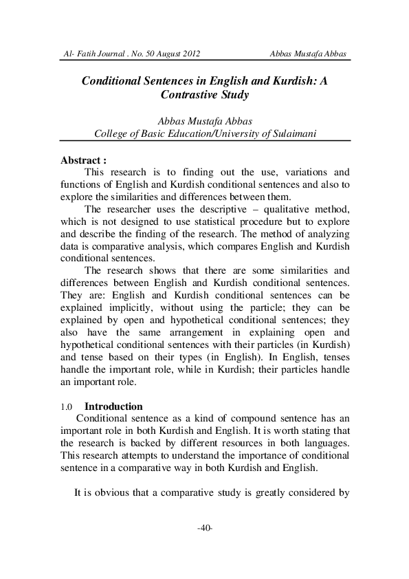 (PDF) Conditional Sentences in English and Kurdish: A Contrastive Study