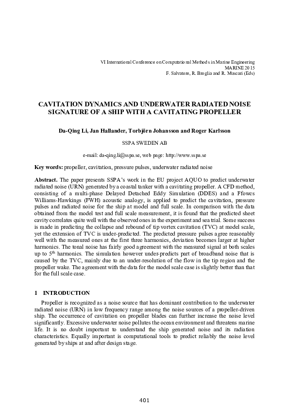 (PDF) Cavitation dynamics and underwater radiated noise signature of a ...