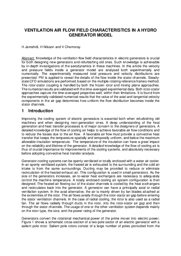 (PDF) VENTILATION AIR FLOW FIELD CHARACTERISTICS IN A HYDRO GENERATOR Model