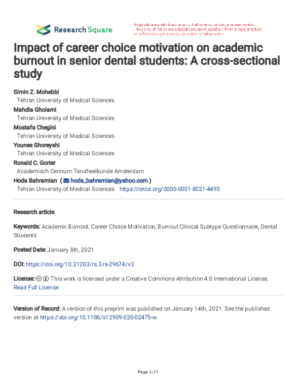 (PDF) Impact of career choice motivation on academic burnout in senior ...