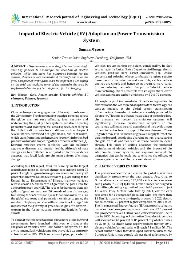 (PDF) Impact of Electric Vehicle (EV) Adoption on Power Transmission System