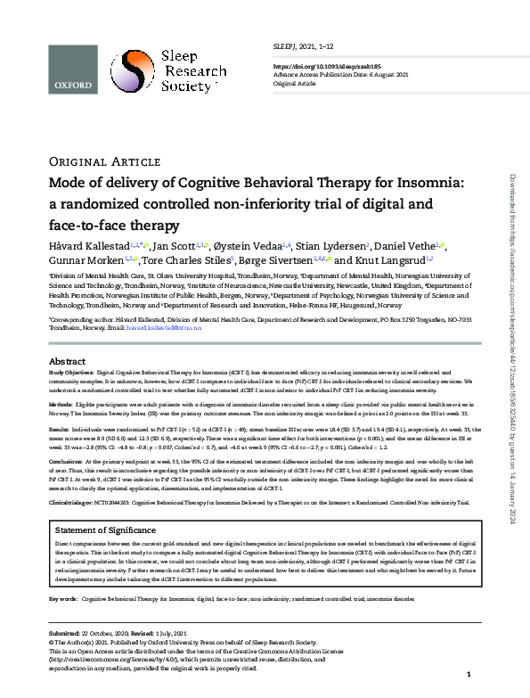 (PDF) Mode of delivery of Cognitive Behavioral Therapy for Insomnia: a ...