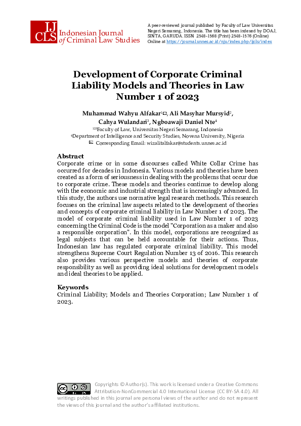 (PDF) Development of Corporate Criminal Liability Models and Theories ...