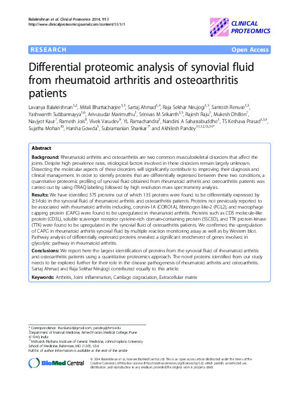 (PDF) Differential proteomic analysis of synovial fluid from rheumatoid ...
