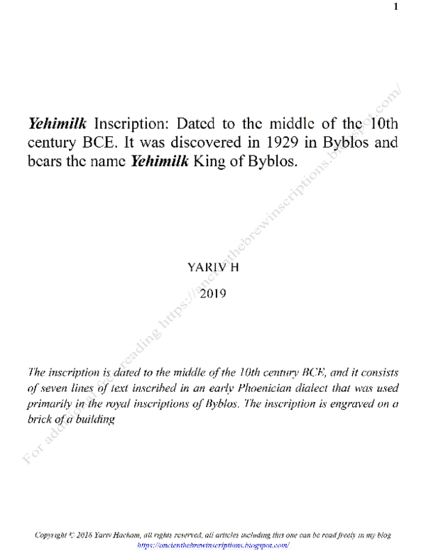 (PDF) 2023. H. Yariv – Yehimilk inscription, the inscription bears the ...