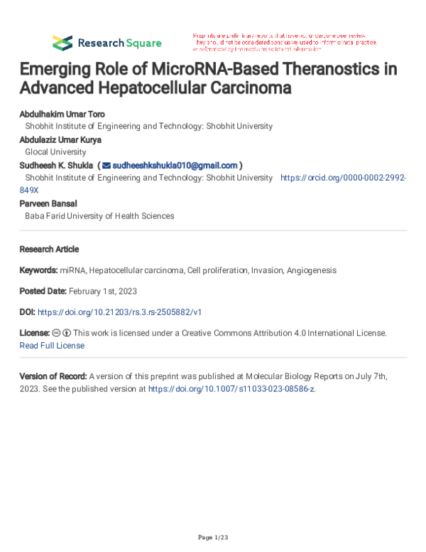 (PDF) Emerging Role of MicroRNA-Based Theranostics in Advanced ...