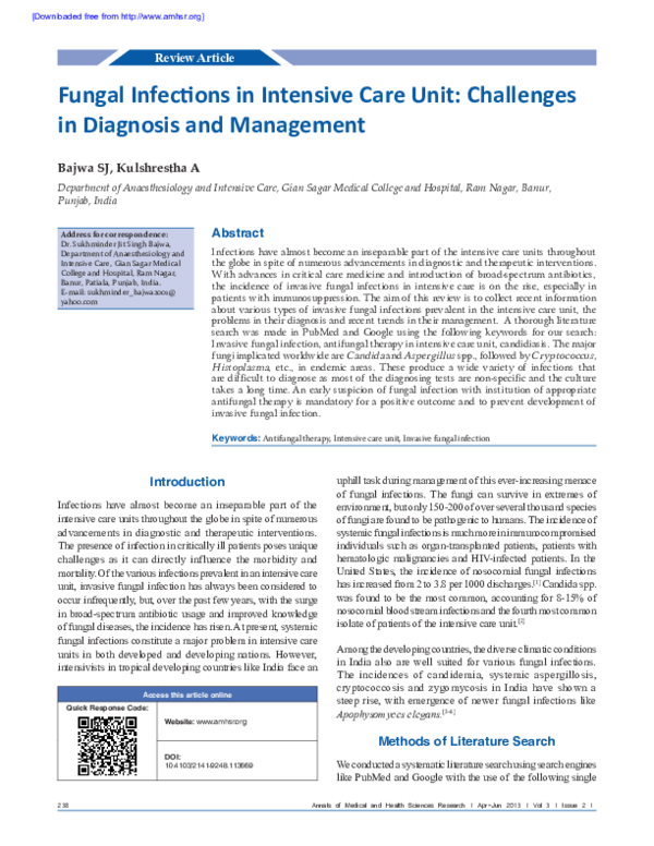(PDF) Fungal infections in intensive care unit: challenges in diagnosis ...