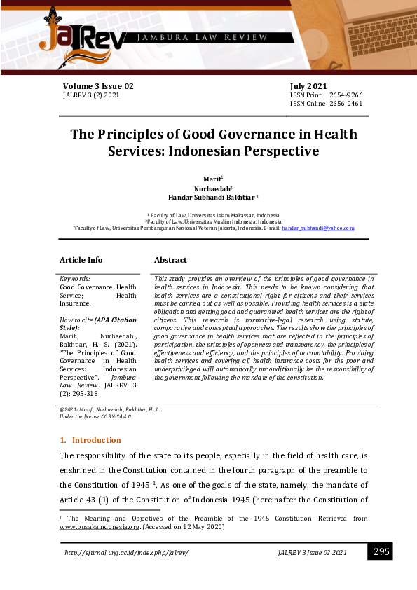 (PDF) The Principles Of Good Governance In Health Services