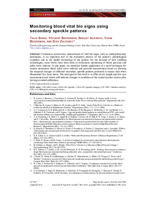 (PDF) Monitoring blood vital bio signs using secondary speckle patterns