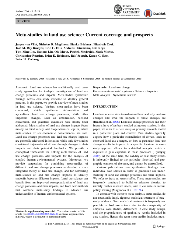 (PDF) Meta-studies in land use science: Current coverage and prospects