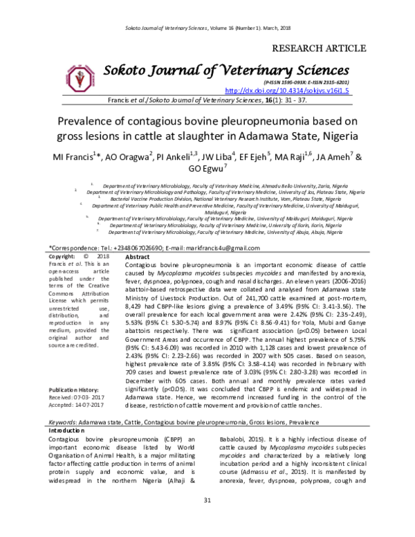 (PDF) Prevalence of contagious bovine pleuropneumonia (CBPP) in ...