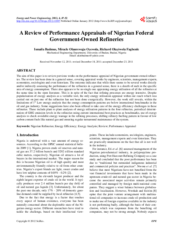 A Review of Performance Appraisals of Nigerian Federal Government-Owned Refineries