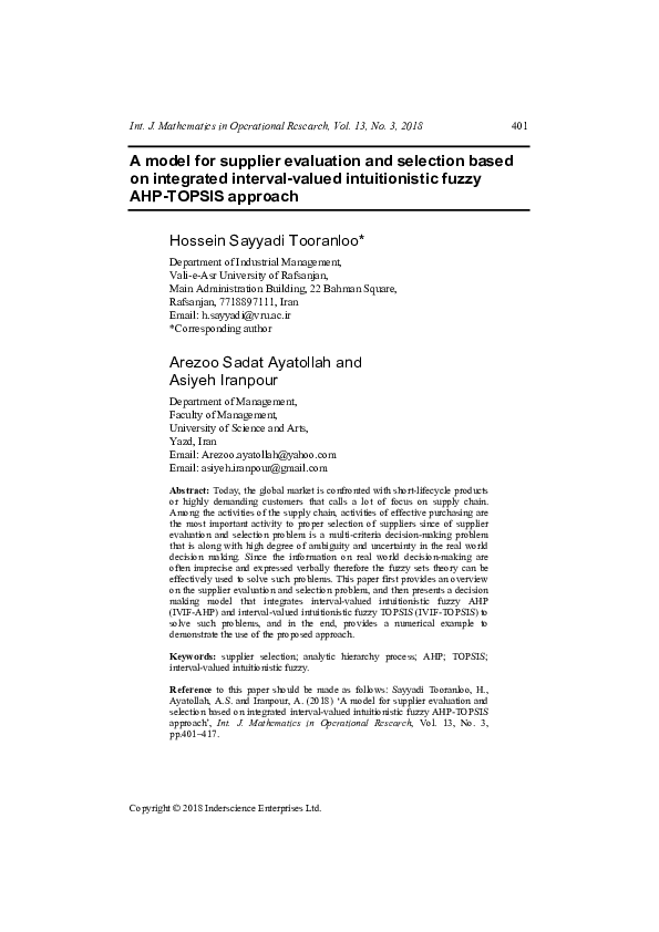 (PDF) A model for supplier evaluation and selection based on integrated ...