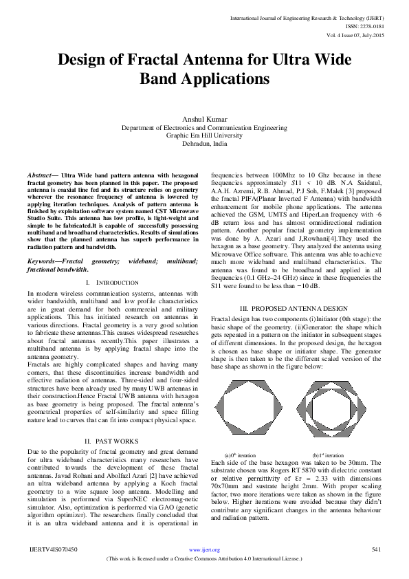 (PDF) Design of Fractal Antenna for Ultra Wide Band Applications
