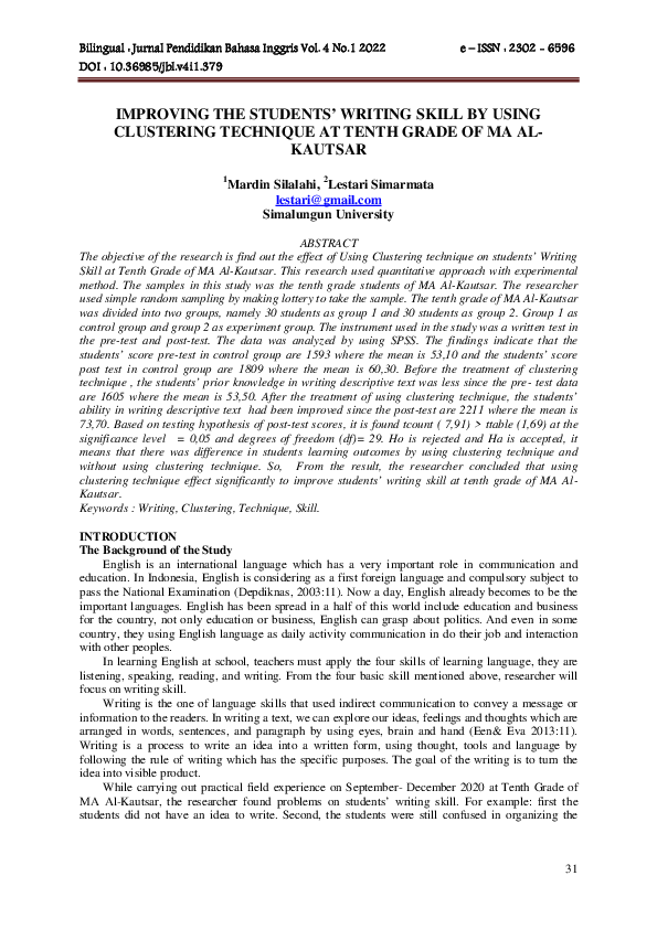 (PDF) Improving the Students’ Writing Skill by Using Clustering ...