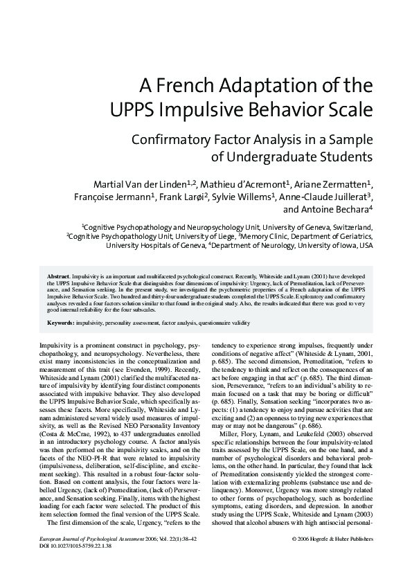 (PDF) A French Adaptation of the UPPS Impulsive Behavior Scale