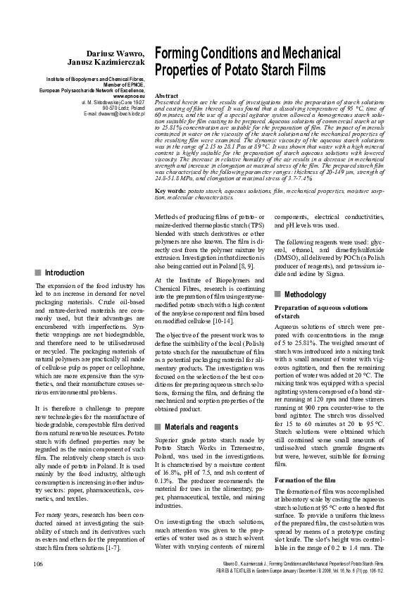 (PDF) Forming Conditions and Mechanical Properties of Potato Starch Films