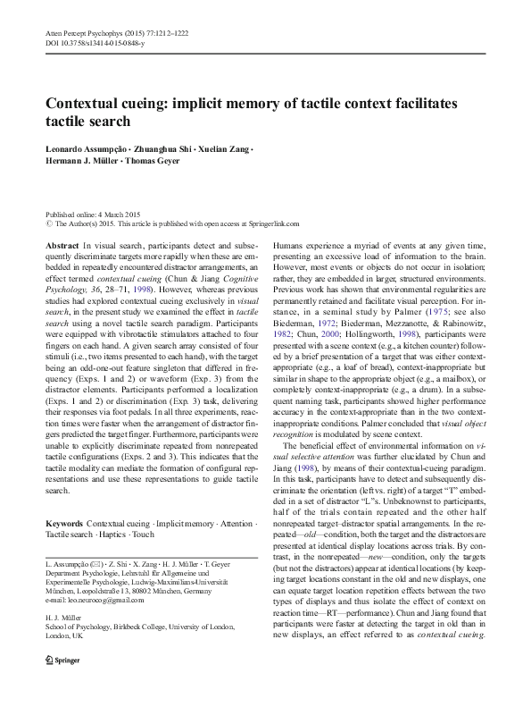 (PDF) Contextual cueing: implicit memory of tactile context facilitates ...