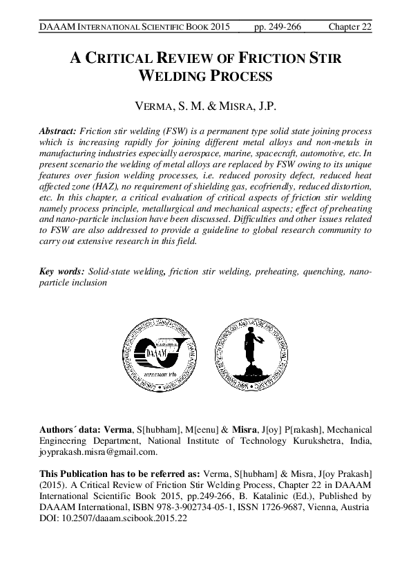 (PDF) A Critical Review of Friction Stir Welding Process