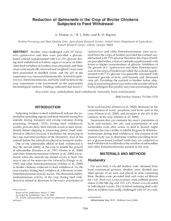 (PDF) Reduction of Salmonella in the crop of broiler chickens subjected ...