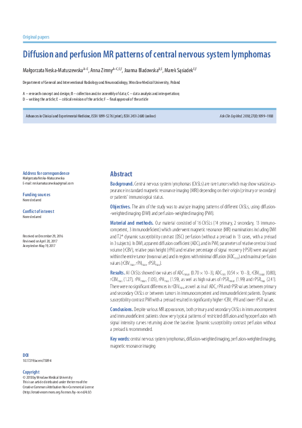 (PDF) Diffusion and perfusion MR patterns of central nervous system ...