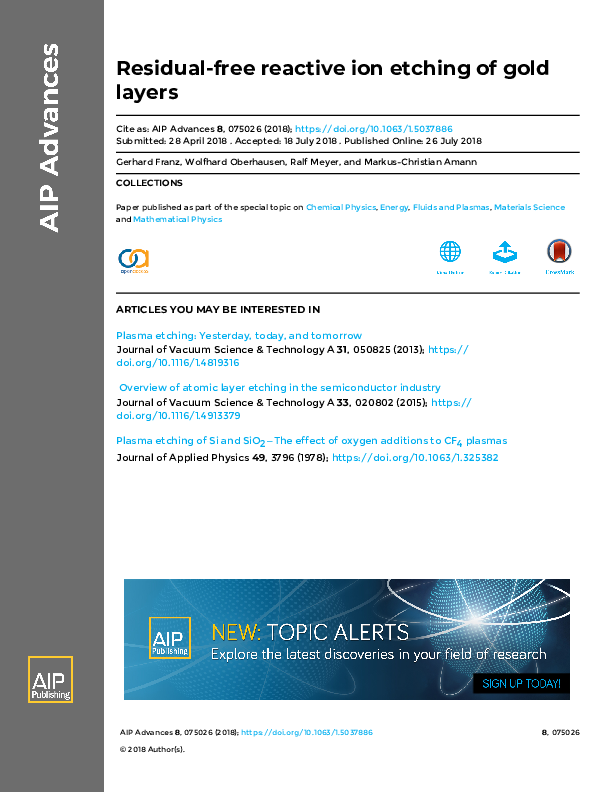 (PDF) Residual-free reactive ion etching of gold layers