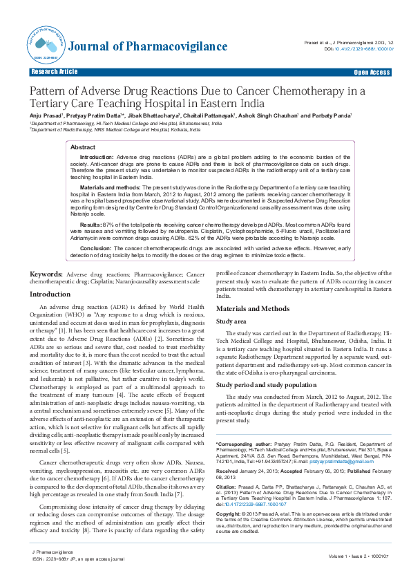 (PDF) Pattern of adverse drug reactions due to cancer chemotherapy in a ...