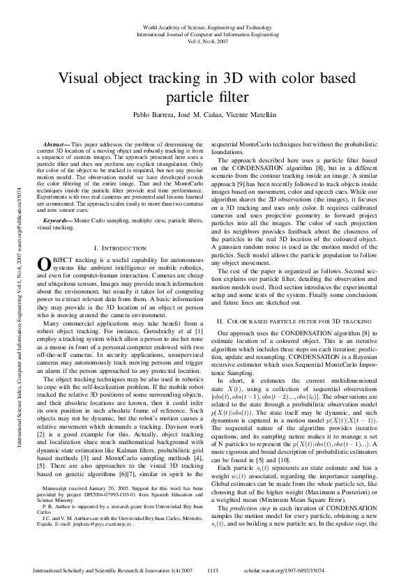 (PDF) Visual Object Tracking In 3D With Color Based Particle Filter