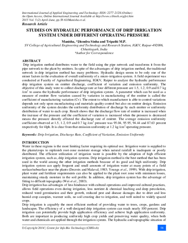 (PDF) Studies on Hydraulic Performance of Drip Irrigation System Under ...