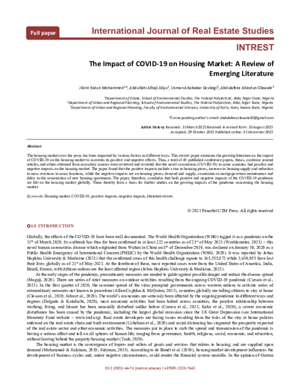 (PDF) Impact of COVID-19 on Housing Market: A Review of Emerging Literature